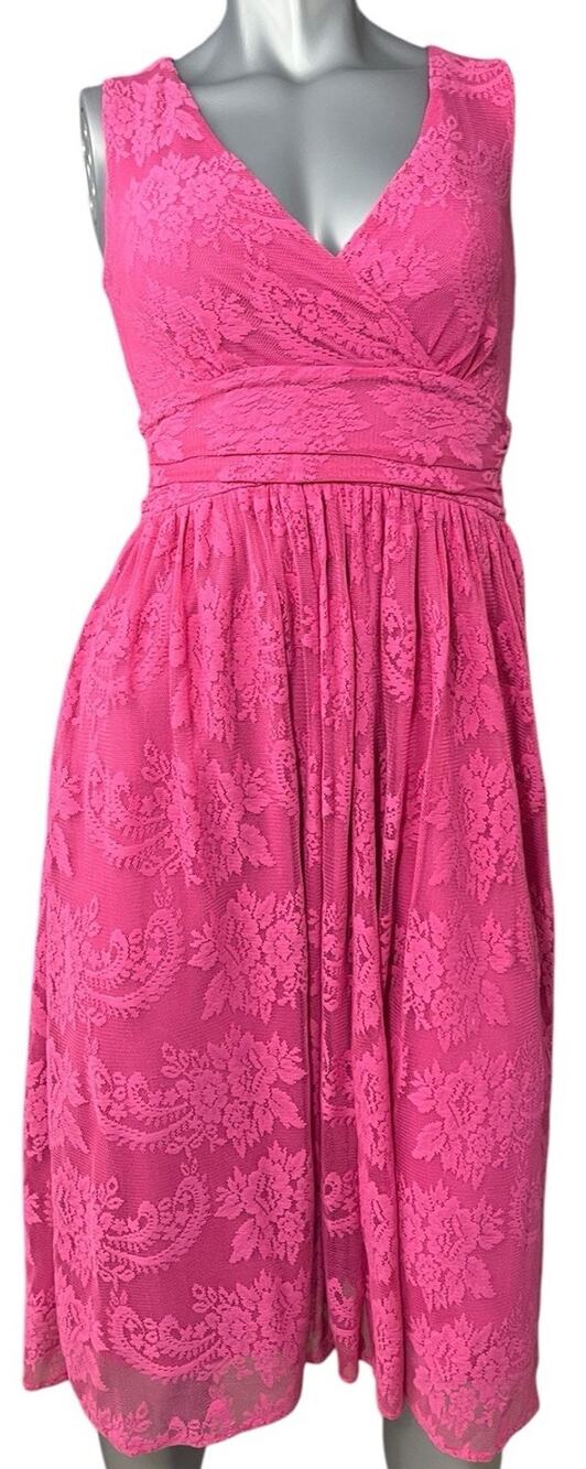 Newport News Women's Pink Lace Fit Flare Dress Empire Waist Size 6P Magenta Prom